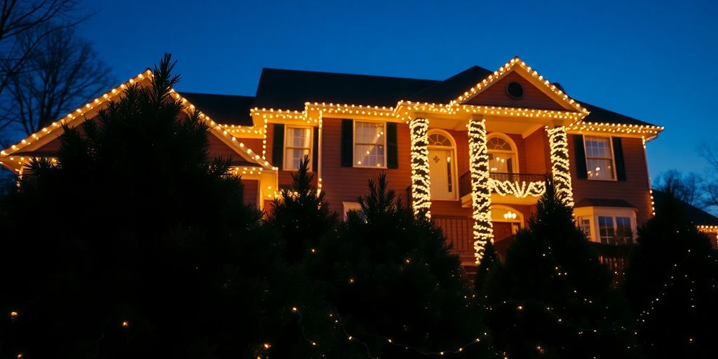 Decorated home at dusk with warm lights.
