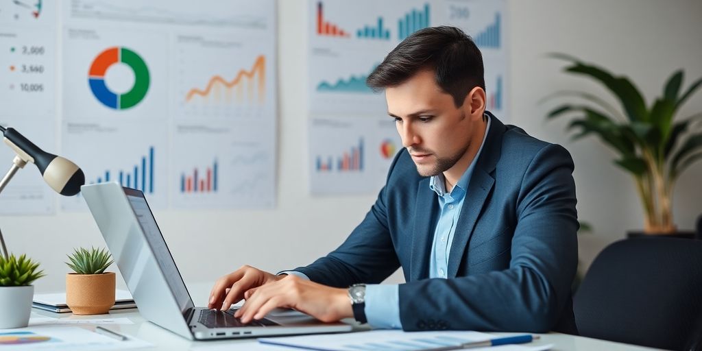 Agent analyzing data on a laptop in a modern office.