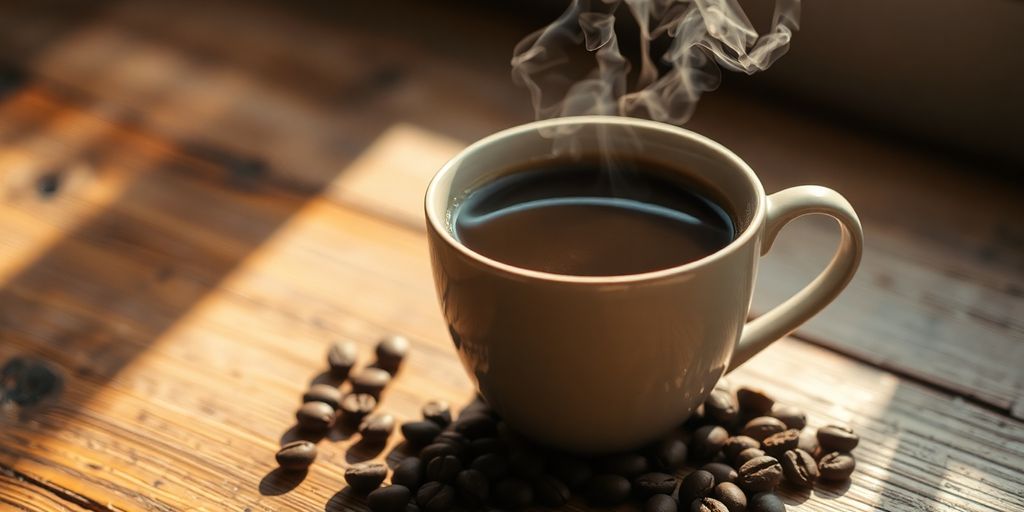 فنجان قهوة ساخن على طاولة خشبية مع حبوب قهوة.