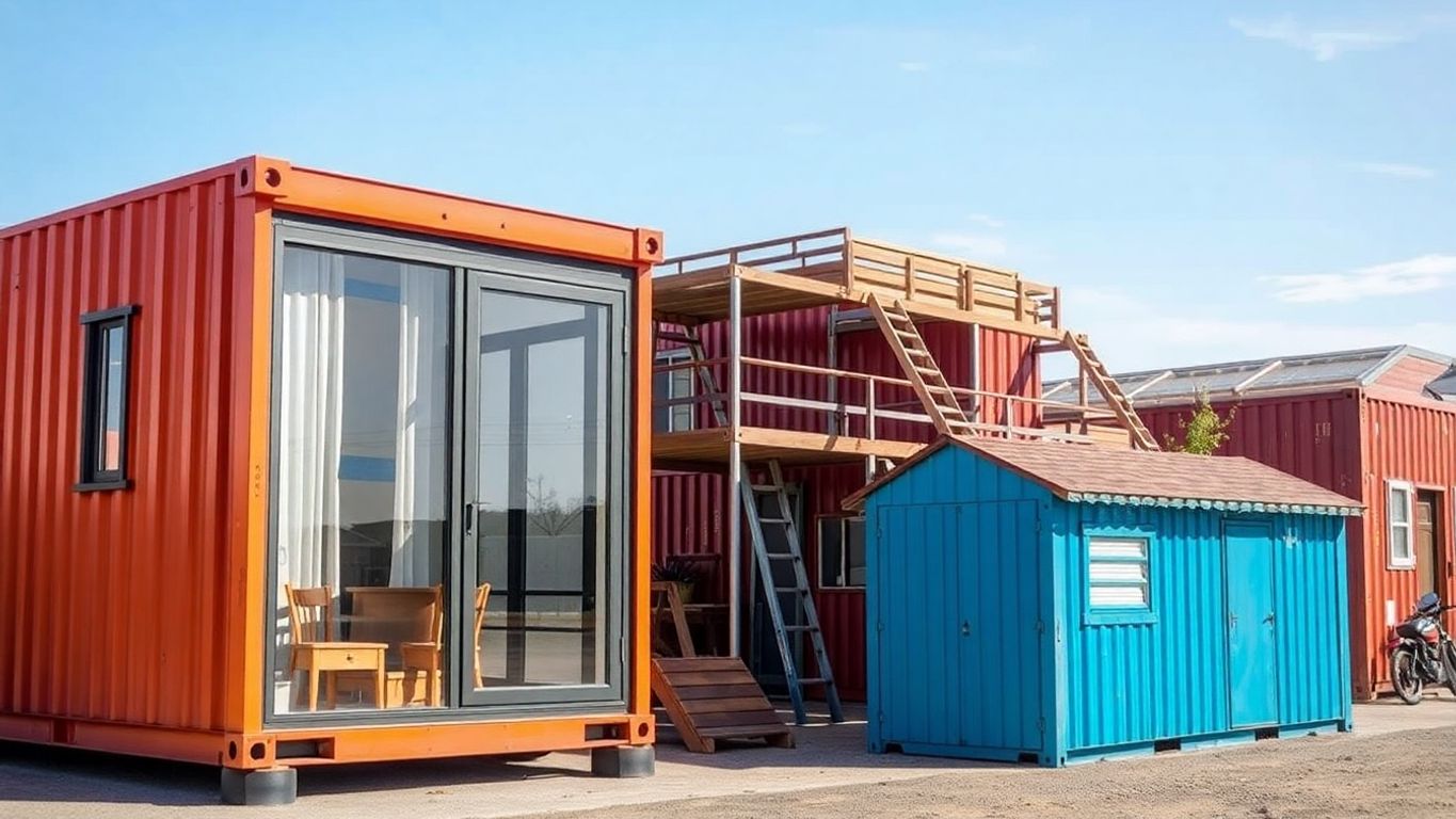 Shipping containers in various creative architectural uses.
