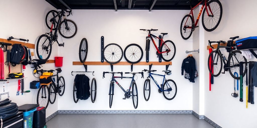 Garage with bike holder walls and mounted bicycles.
