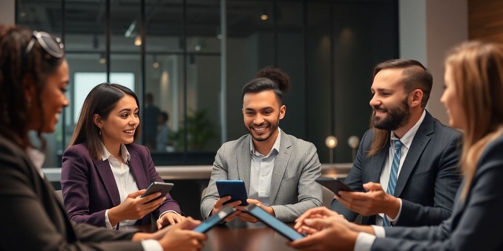 Poslovni ljudi u komunikaciji sa AI tehnologijom.