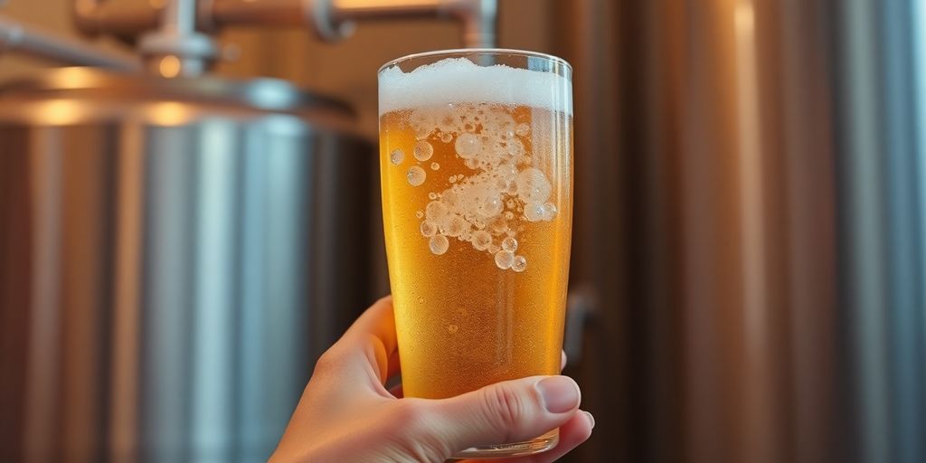 Close-up of a frosty beer glass with bubbles.