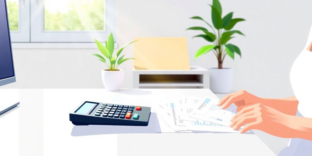Person organizing billing documents at a desk.