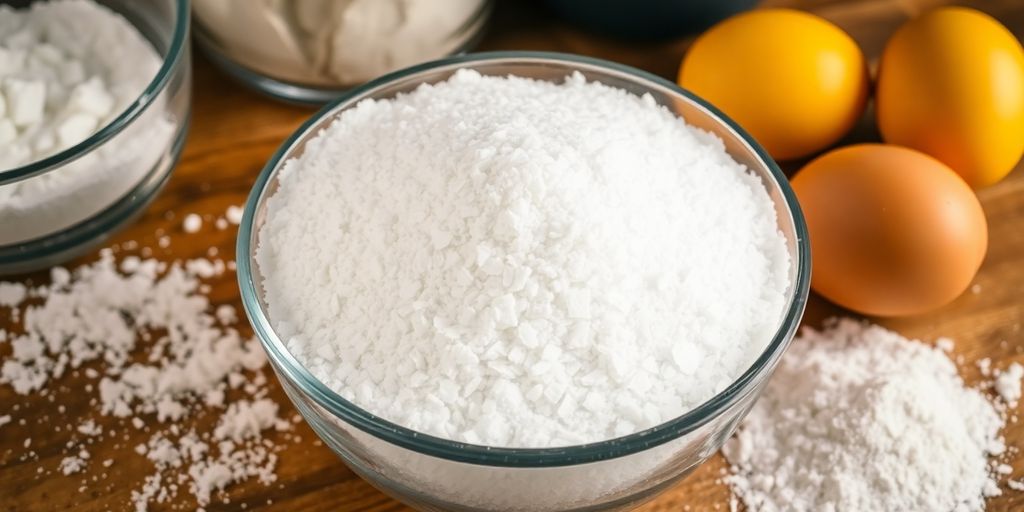 Bowl of granulated sugar on a wooden countertop.
