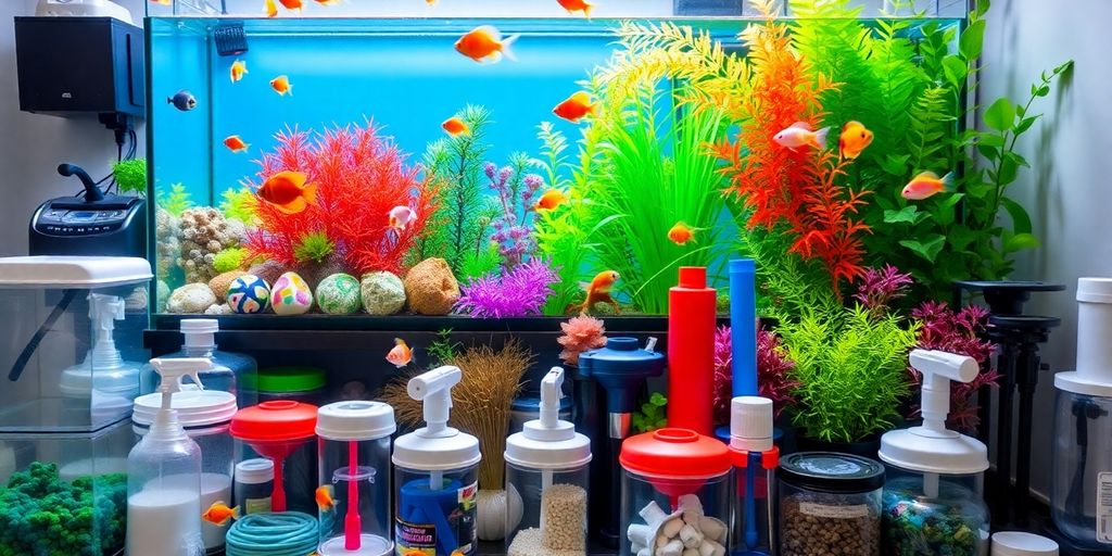 Colorful freshwater aquarium supplies and accessories.