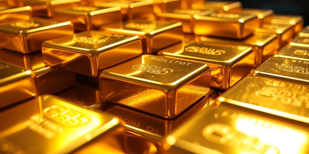 Lingots d'or brillants dans une lumière dorée.