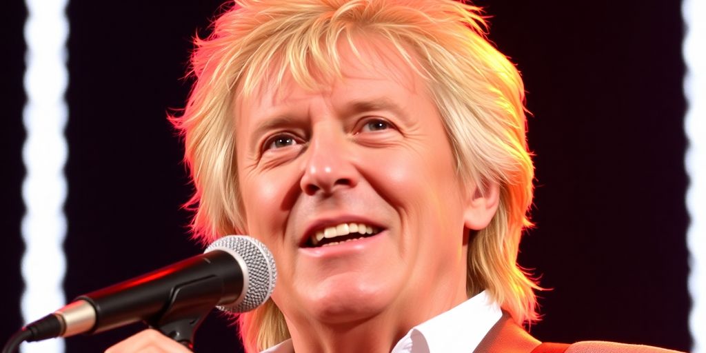 Rod Stewart performing on stage with vibrant lights.