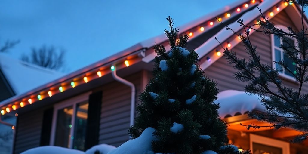 Brightly lit house with permanent Christmas light installation, snowy roofline.