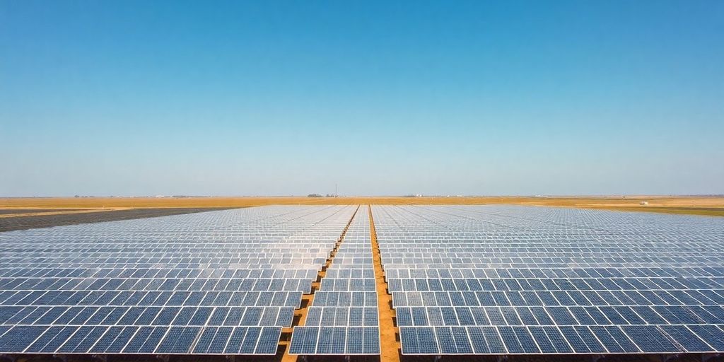 Vast solar panel array covering a large, open field.