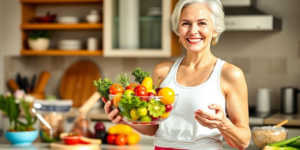 Healthy food, active senior woman smiling.