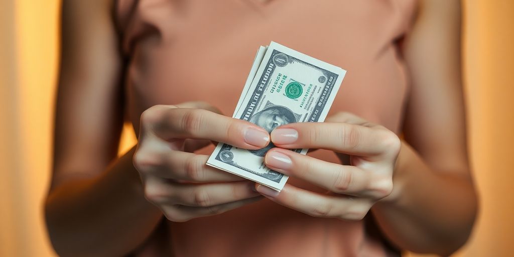 Person holding money, confident smile.