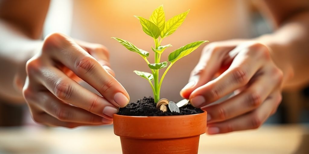 Hands carefully placing coins into a growing plant.
