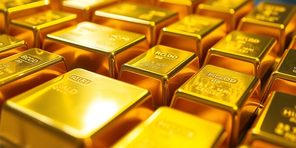 Lingots d'or brillants sous un éclairage dramatique.