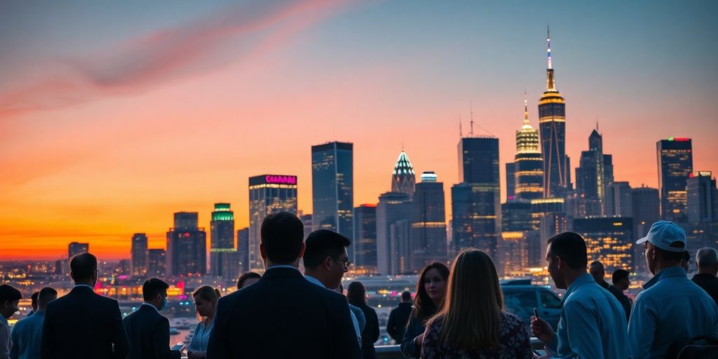 Vibrant Canadian city skyline with traders discussing finance.