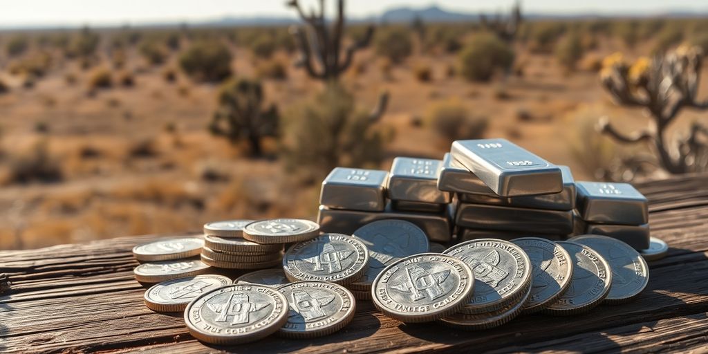 Silver coins and bars in a Texas landscape.