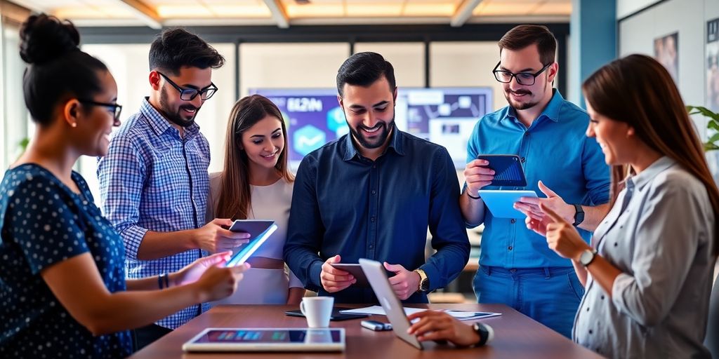 Profissionais de marketing digital colaborando em escritório moderno.