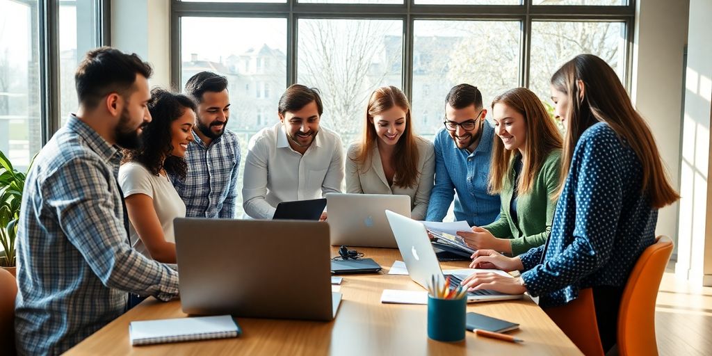 Diverse professionals collaborating in modern office space.