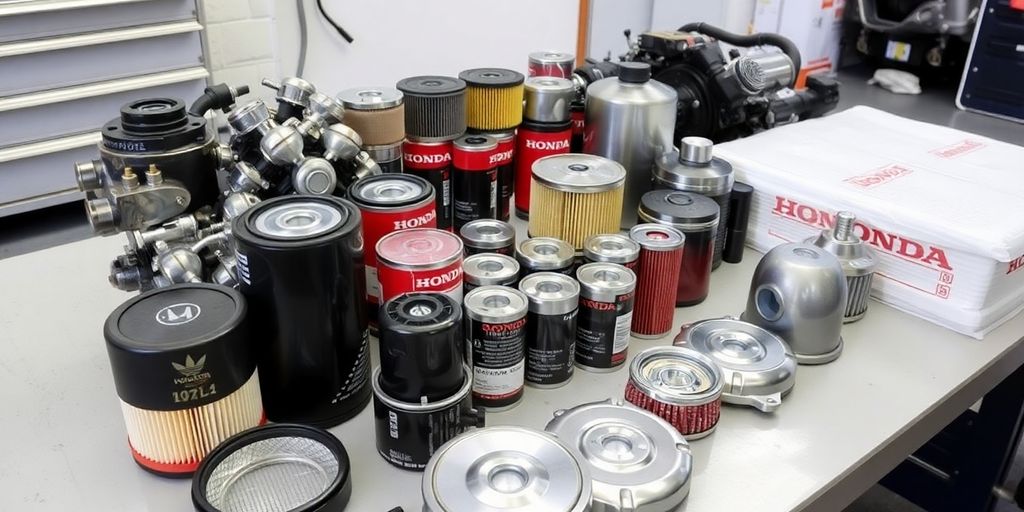 Honda car parts laid out neatly.