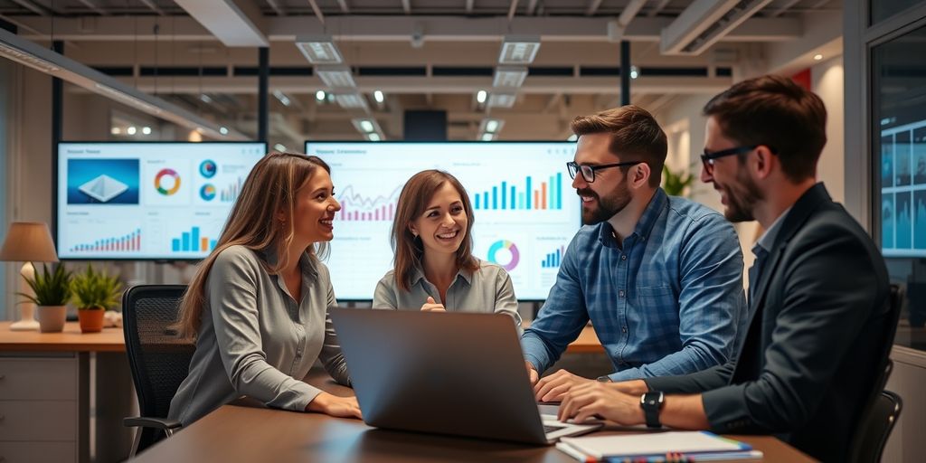 Profissionais de marketing digital em ambiente moderno.