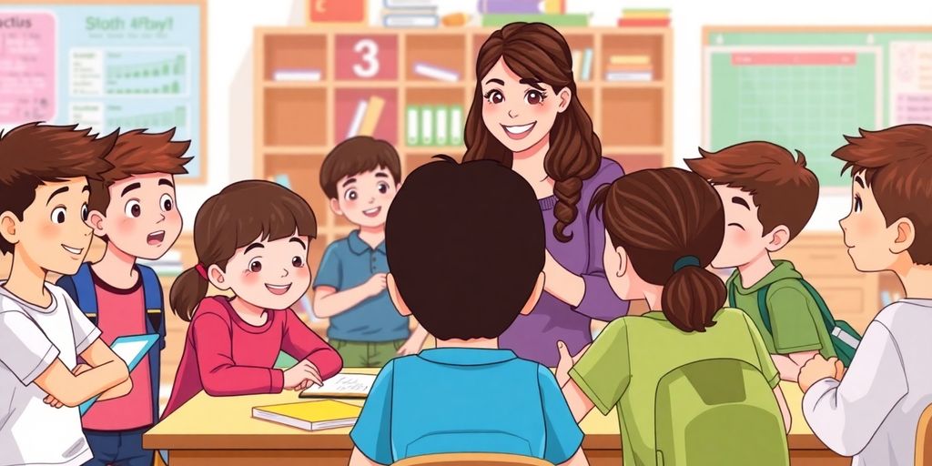 Teacher and students in a lively classroom.