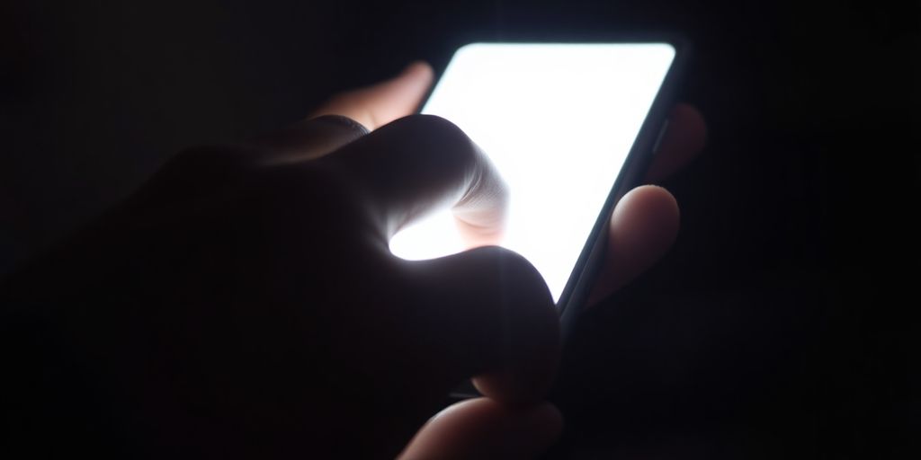 Person's hand reaching for glowing smartphone screen.