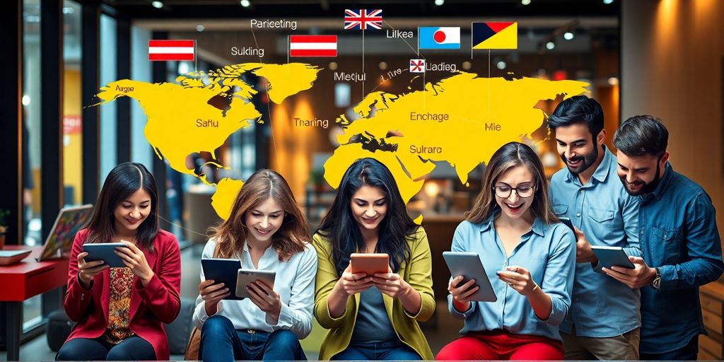 Personnes de différentes cultures utilisant des appareils numériques.