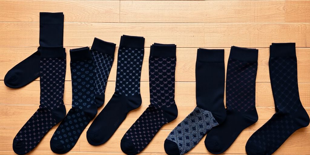 Variety of stylish black socks for men on display.