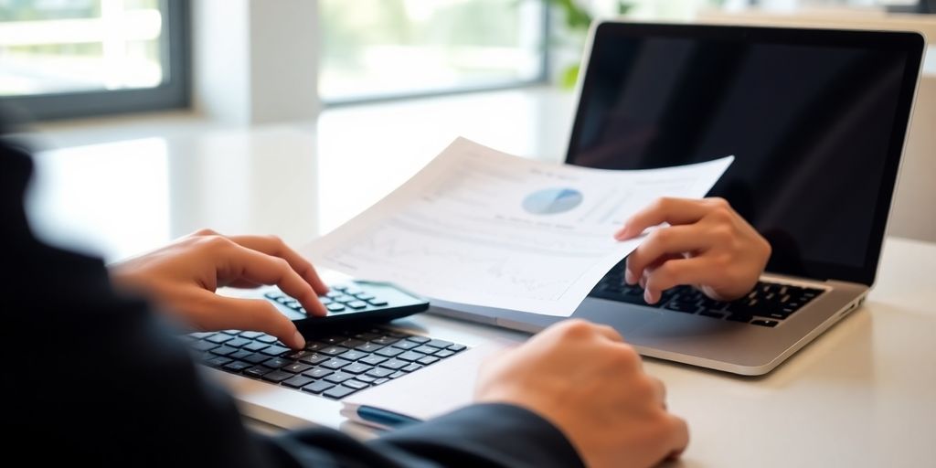 Person analyzing investment documents in a bright workspace.