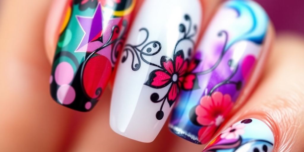 Unhas em gel coloridas e artísticas em close.