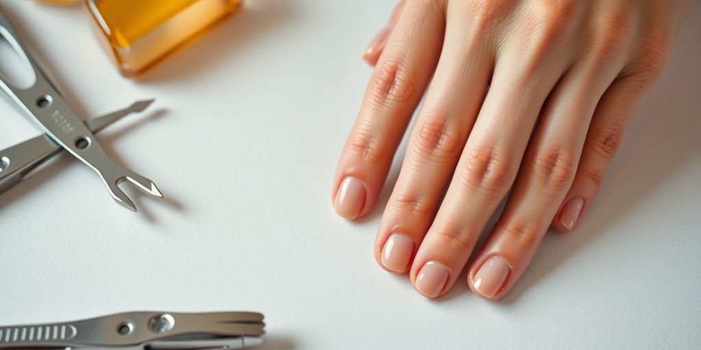 Cutículas perfeitas com ferramentas de manicure ao fundo.