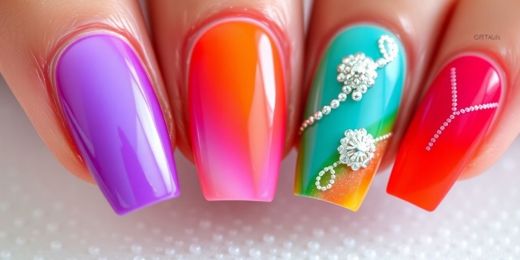 Colorful gel nails with intricate designs and glossy finish.