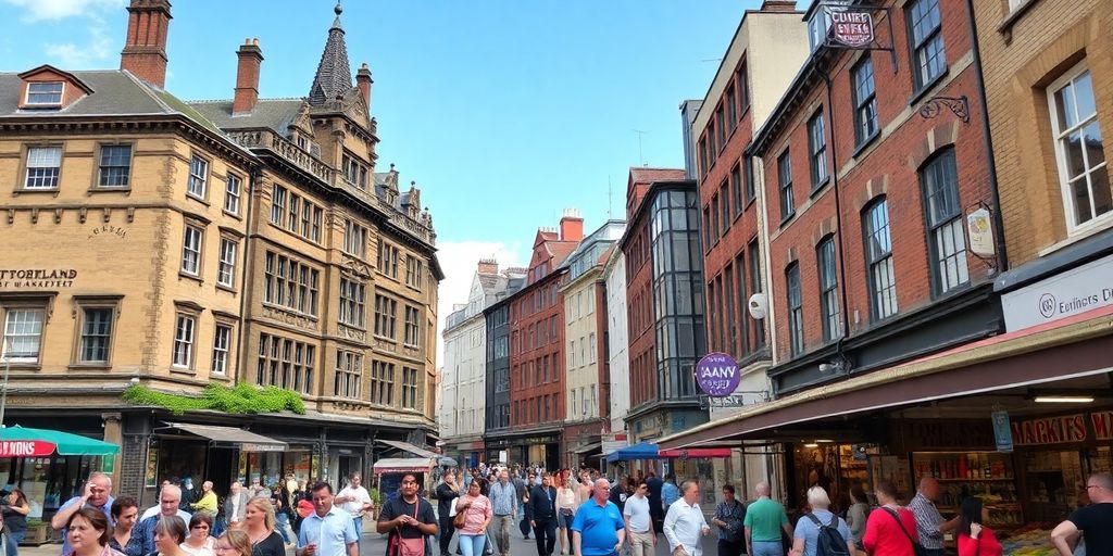 Street scene in Greater Manchester showing historic and modern architecture.