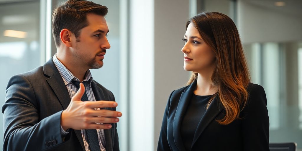 Two people discussing, one pointing.