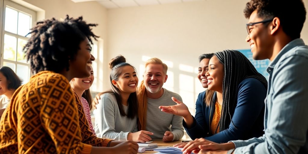 Students collaborating in a bright, inspiring classroom setting.