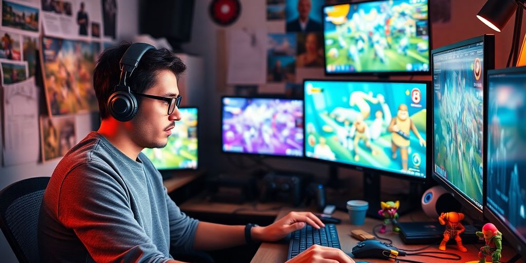 Game developer working in a creative workspace with monitors.