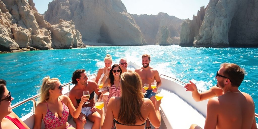 Cabo bachelorette boat party with happy people on water.