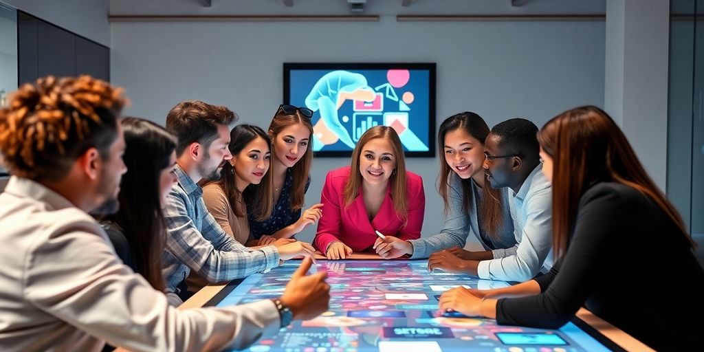 Group of marketers collaborating on digital marketing strategies.