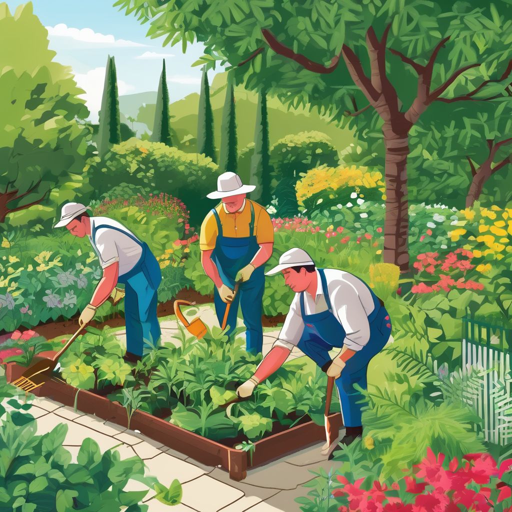 professional gardeners working in a lush garden
