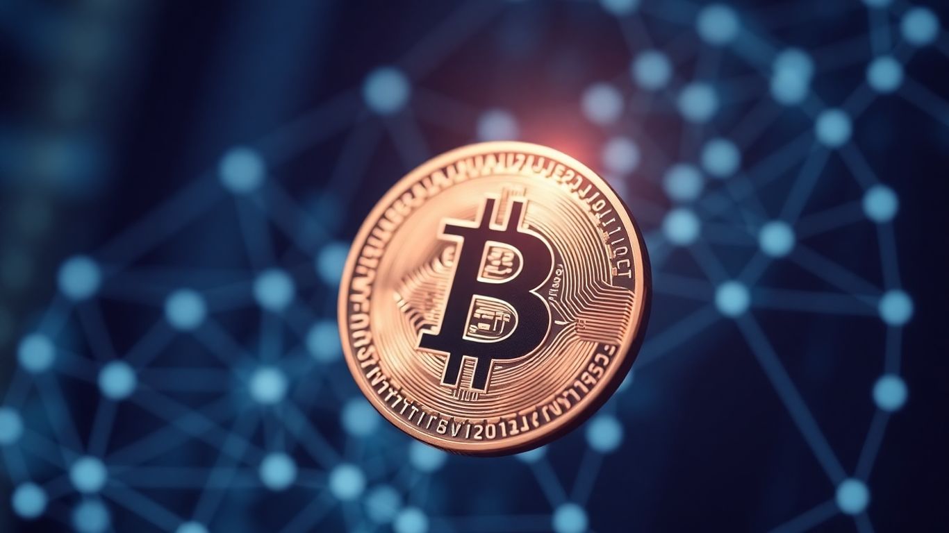 Digital currency coin with blockchain network pattern.