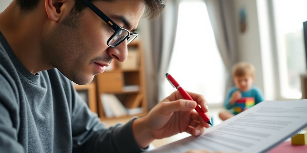 Parent proofreads documents while child plays nearby.