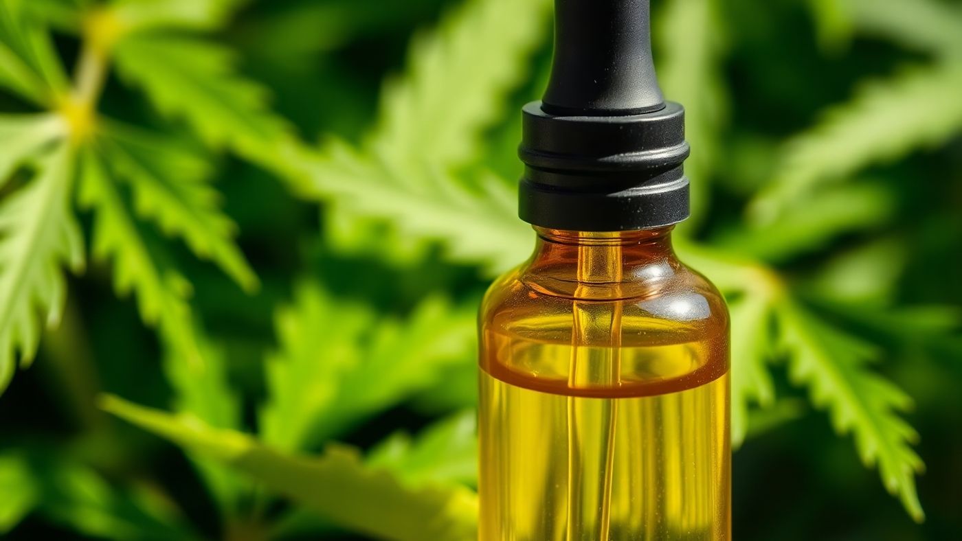 Bottle of CBD oil with hemp leaves in background.