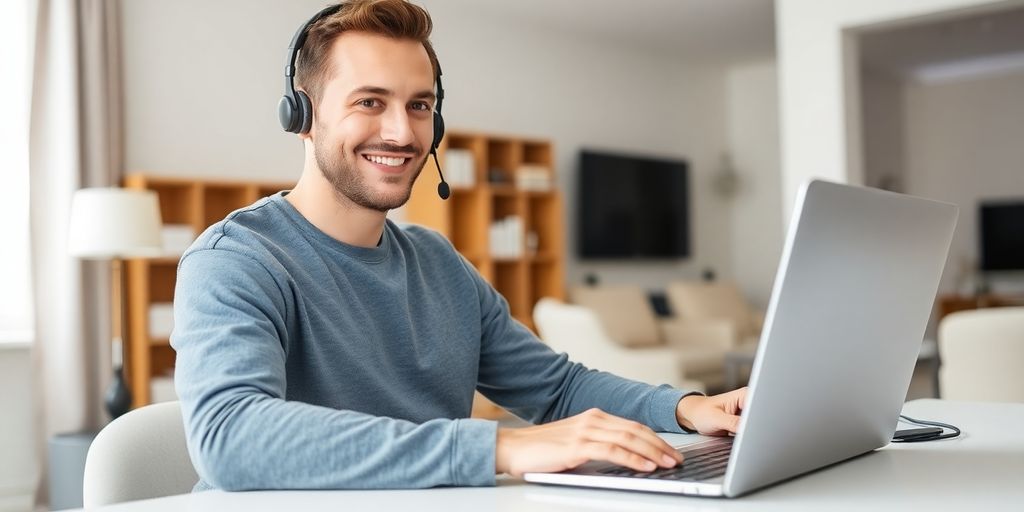 Man working on laptop with headphones at home