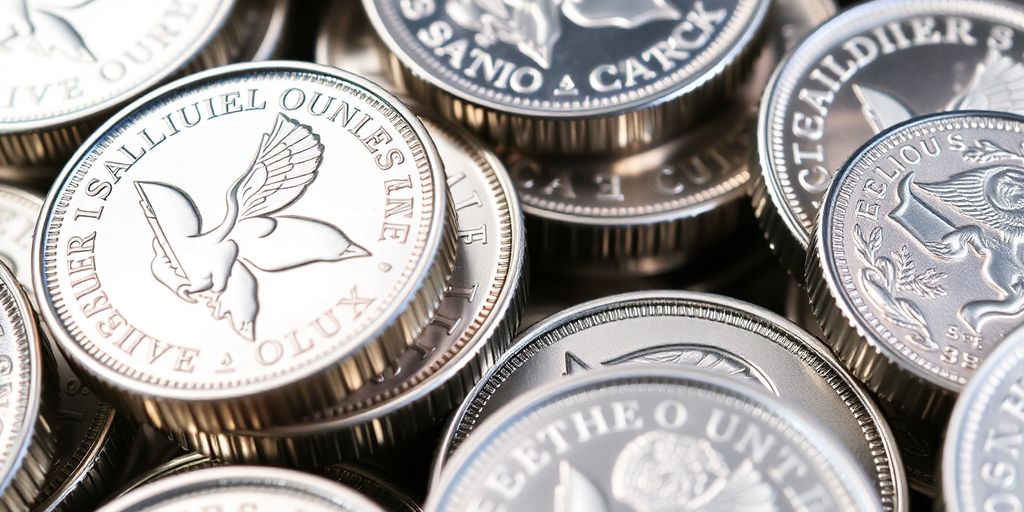 Une sélection d'onces d'argent brillantes empilées.