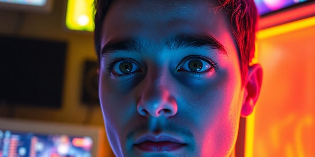 Person captivated by phone, glowing screens surrounding.