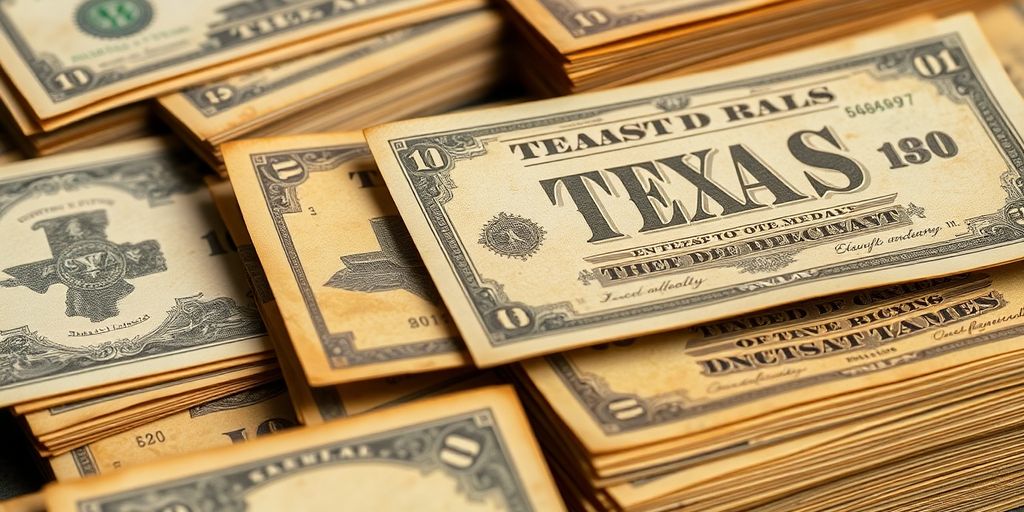 Close-up of antique Texas bank notes.