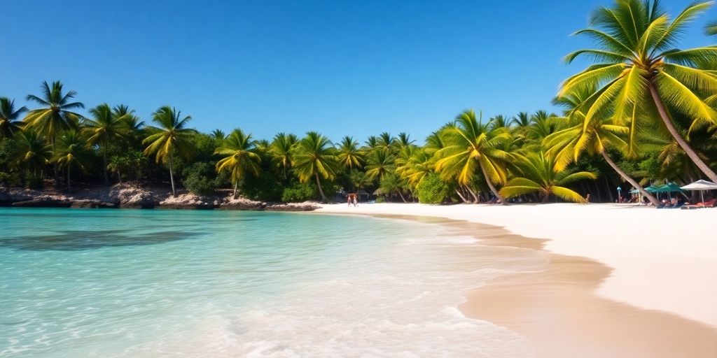 Tropical beach with clear blue water and palm trees.
