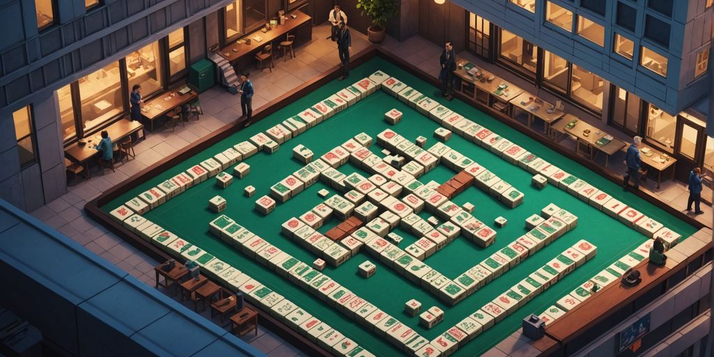 Player strategizing with Mahjong tiles in urban setting