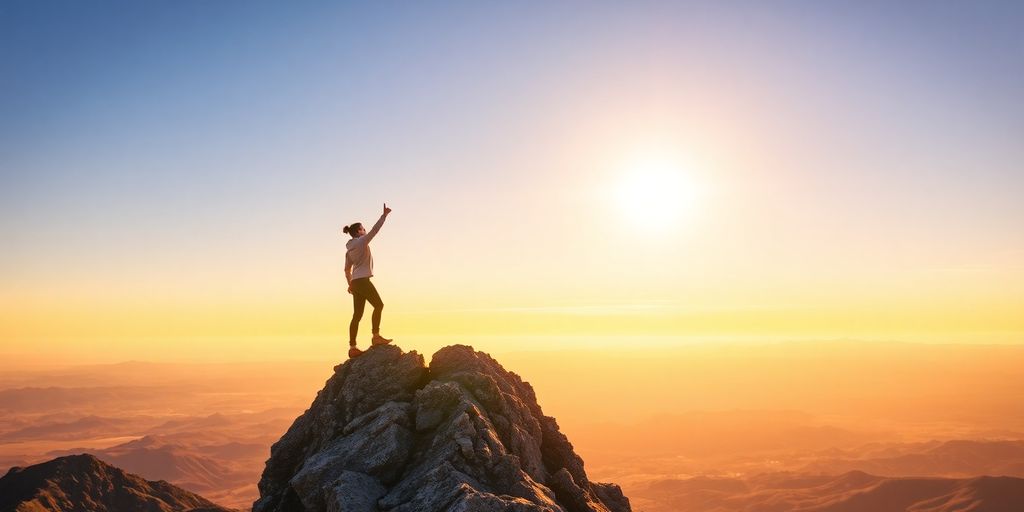 Person reaching a mountain summit at sunrise.