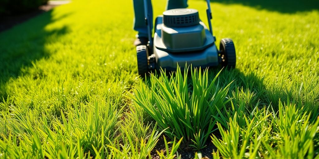 Lawn care professional mowing a vibrant green lawn.